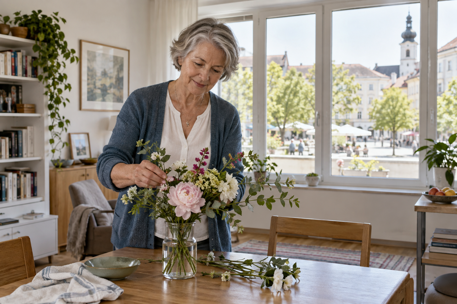 Eine ältere Frau stellt eine Vase in einer hellen kleineren Wohnung auf